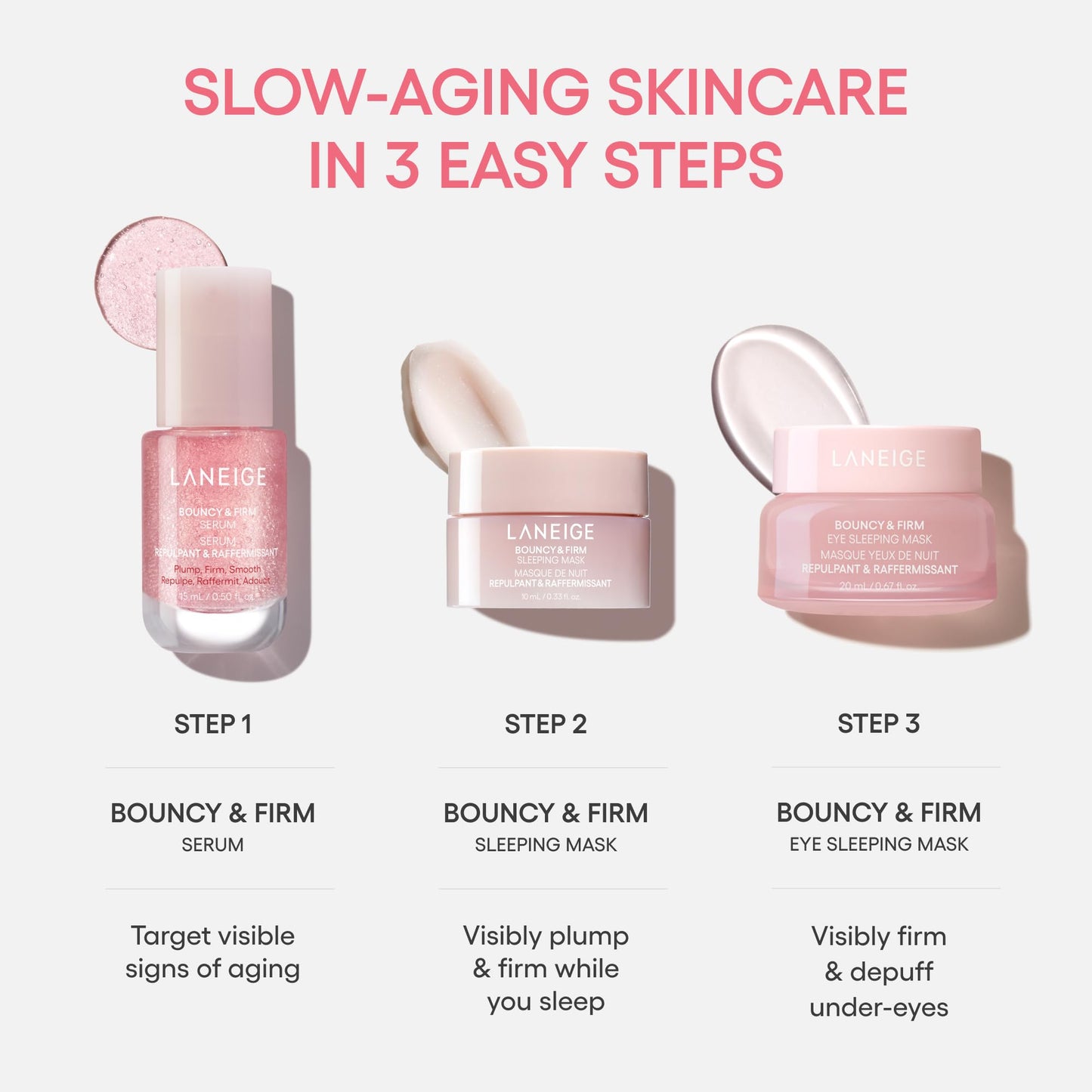 LANEIGE Bouncy Skin On The Go Set | Bouncy & Firm Serum, Sleeping Mask & Eye Sleeping Mask + Pouch