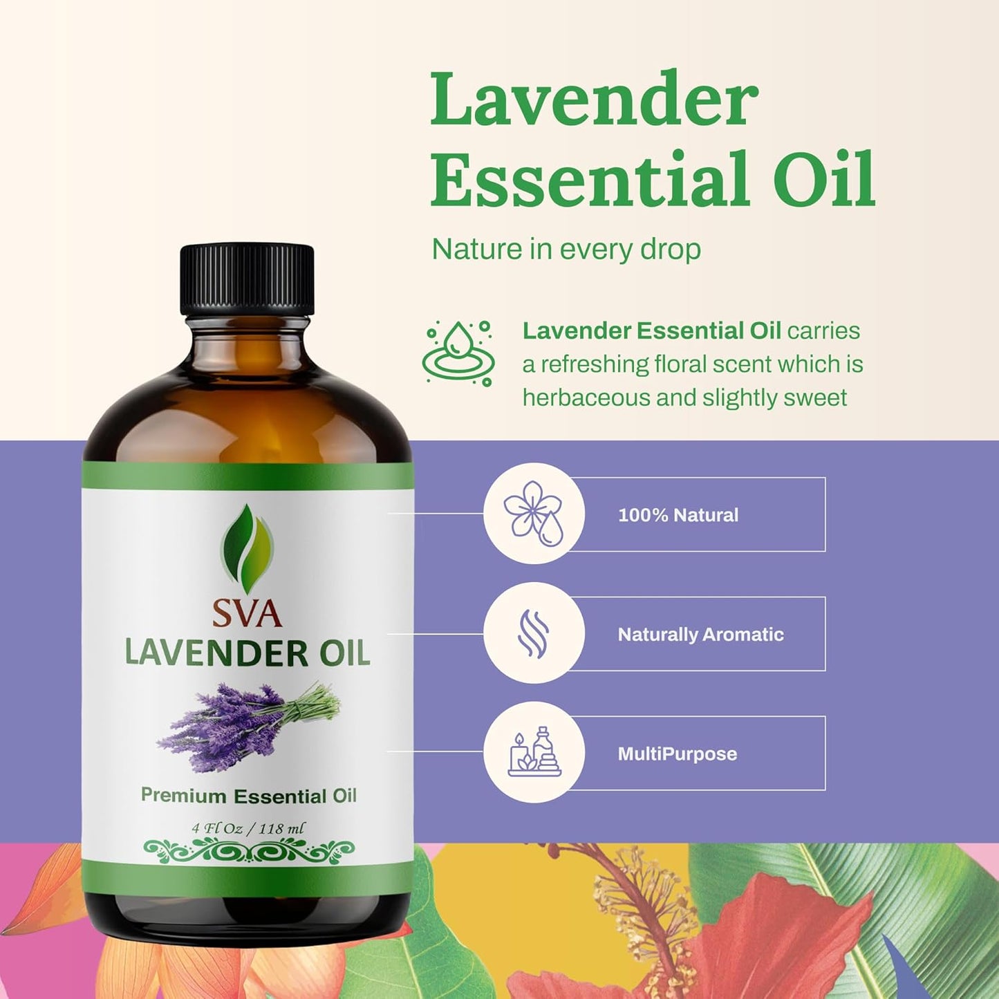 SVA Lavender Essential Oil – 4 Fl Oz – 100% Natural Lavender Oil - for Diffuser, Hair Care, Face, Skin Care, Aromatherapy, Scalp and Body Massage, Soap and Candle Making – with Dropper