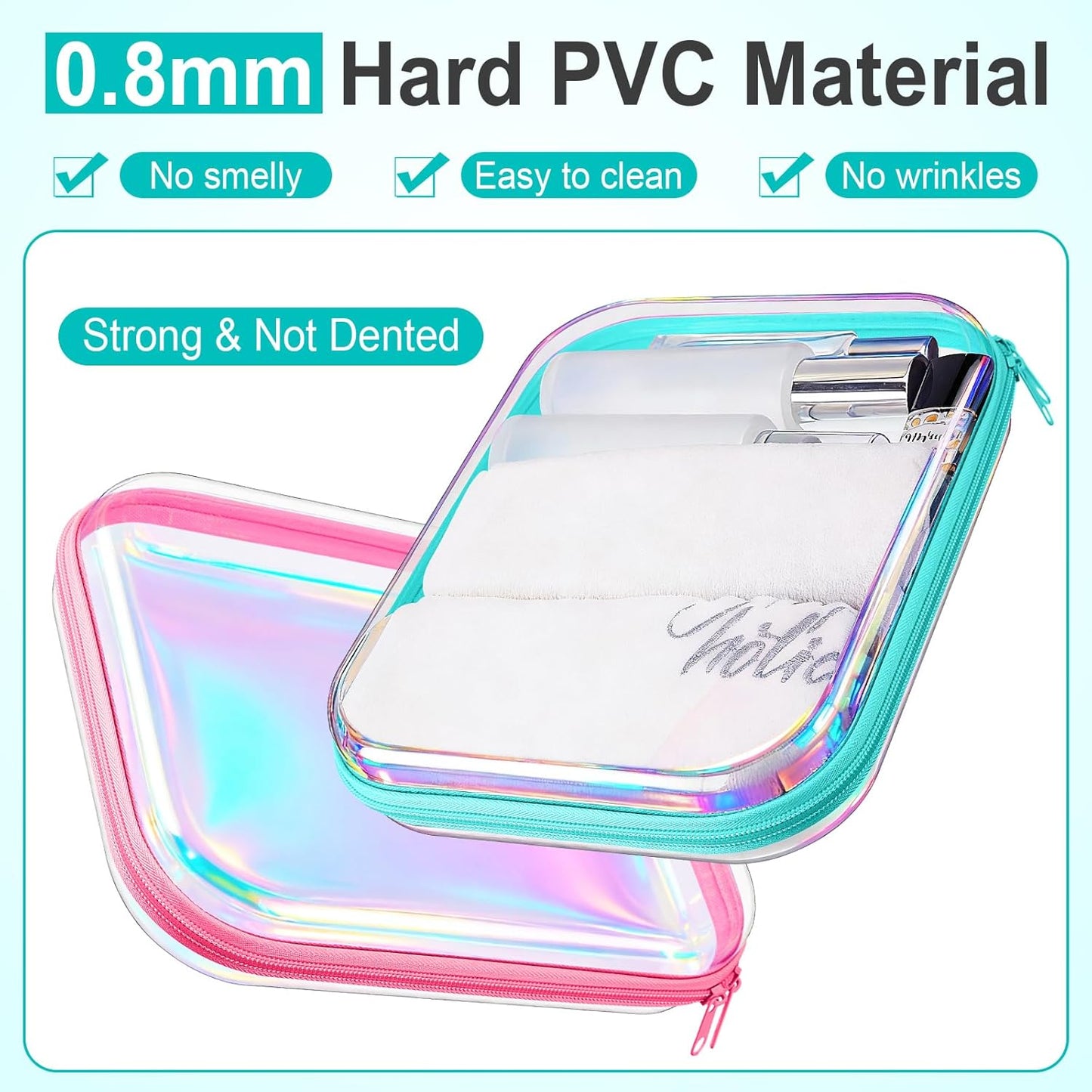 Hoolerry 3 Pcs Clear Hard Zipper Case Plastic Pouch Transparent Hard Case Clear Makeup Bag Portable Travel Organizer Bin for Cosmetics, Building Blocks, Puzzles(Laser,M)