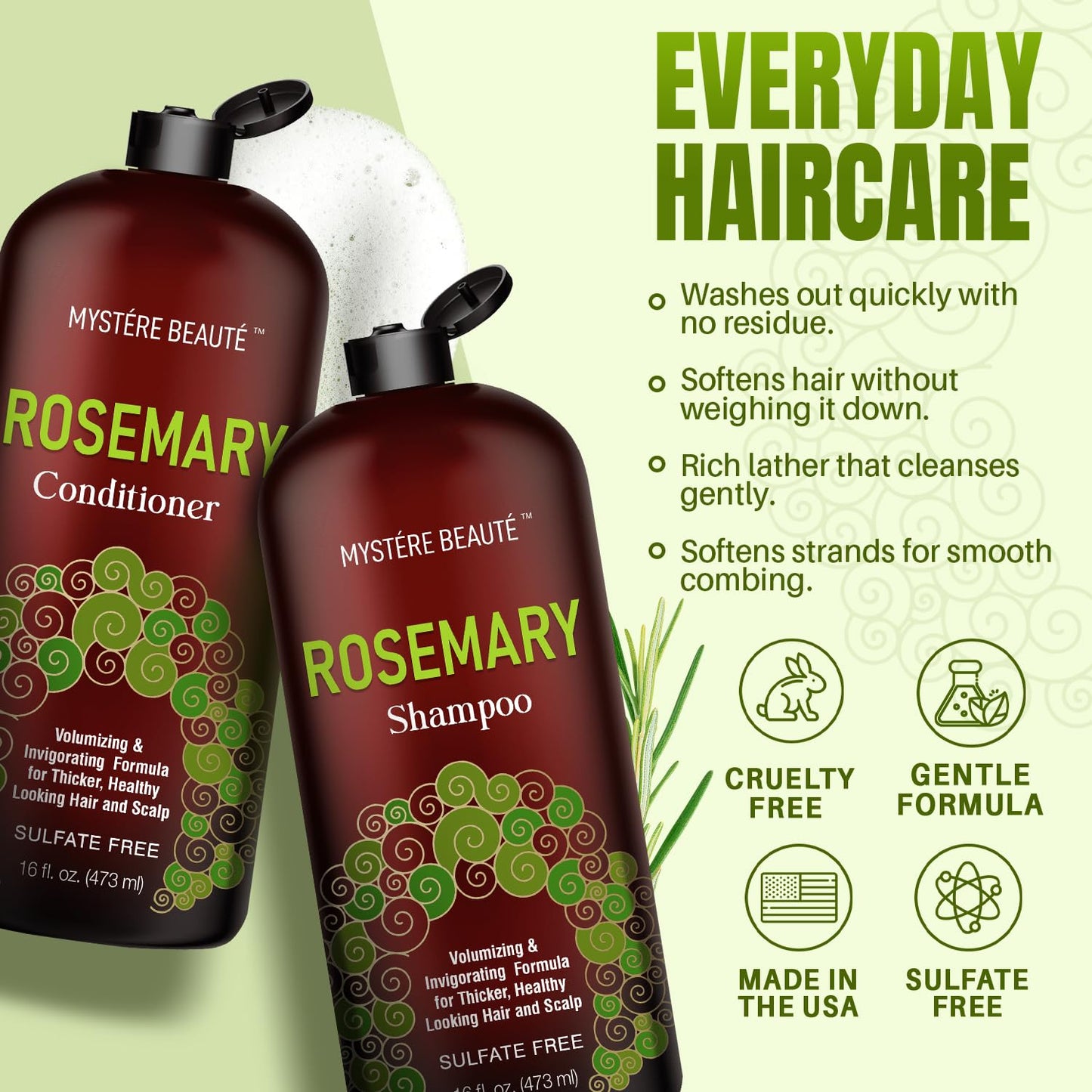 Rosemary Shampoo and Conditioner for Hair Growth, Sulfate Free Organic Rosemary Oil Shampoo De Romero Para Crecimiento, Promotes Hair Growth & Scalp Health, for Men Women - 16 fl oz each