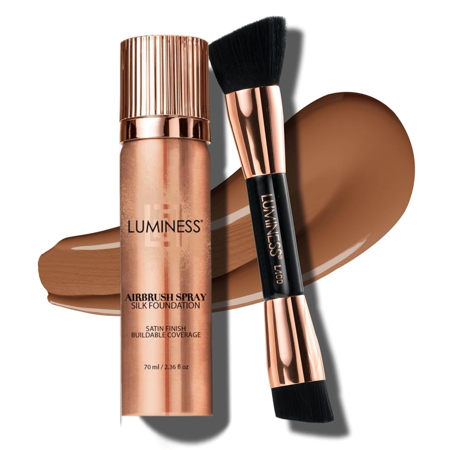 LUMINESS Silk Airbrush Spray Foundation & Buffing Brush Kit – Full Coverage Foundation & Dual-Sided Buffing Brush - Buildable Coverage, Anti-Aging Formula Hydrates & Moisturizes (Shade - Tan Dark)