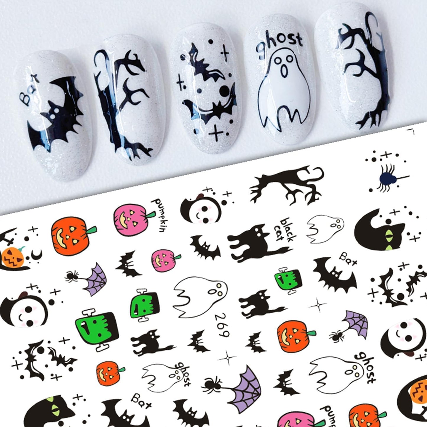 Halloween Nail Stickers for Nail Art Cute Ghost Pumpkin Bat Scary Anime 3D Self-Adhesive Nail Decals Nail Art Supplies Nails Design Manicure Stickers for Nails Decoration 6Sheets