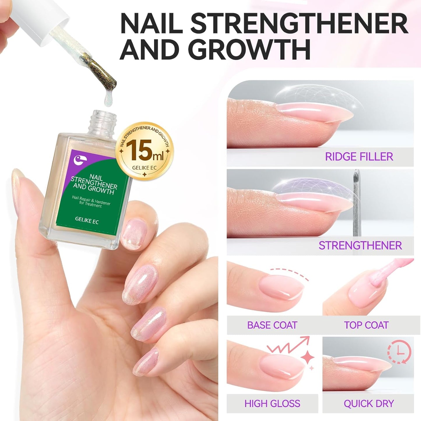 Women Nail Strengthener Protein for Daily: Glittering Pearl 15ml Gelike EC 6 in 1 Nail Treatment for Weak and Damaged Nails Everyday - Nail Polish Hardener for Home Salon Travel Spa Gift