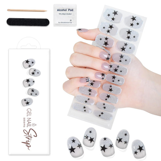 WOKOTO 1 Sheet Semi Cured Gel Nail Strips With Wood Stick, Nail File & Prepared Pads, 20 Tips Star