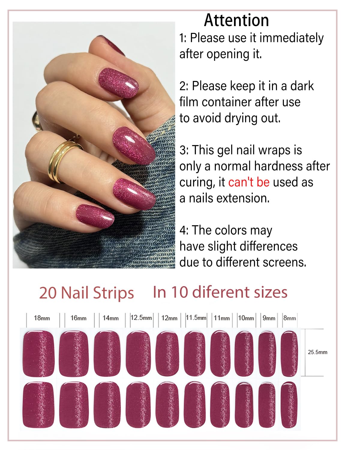 Semi Cured Gel Nail Strips, 20pcs Plum Cat Eye Gel Nail Stickers UV for Home Nails DIY