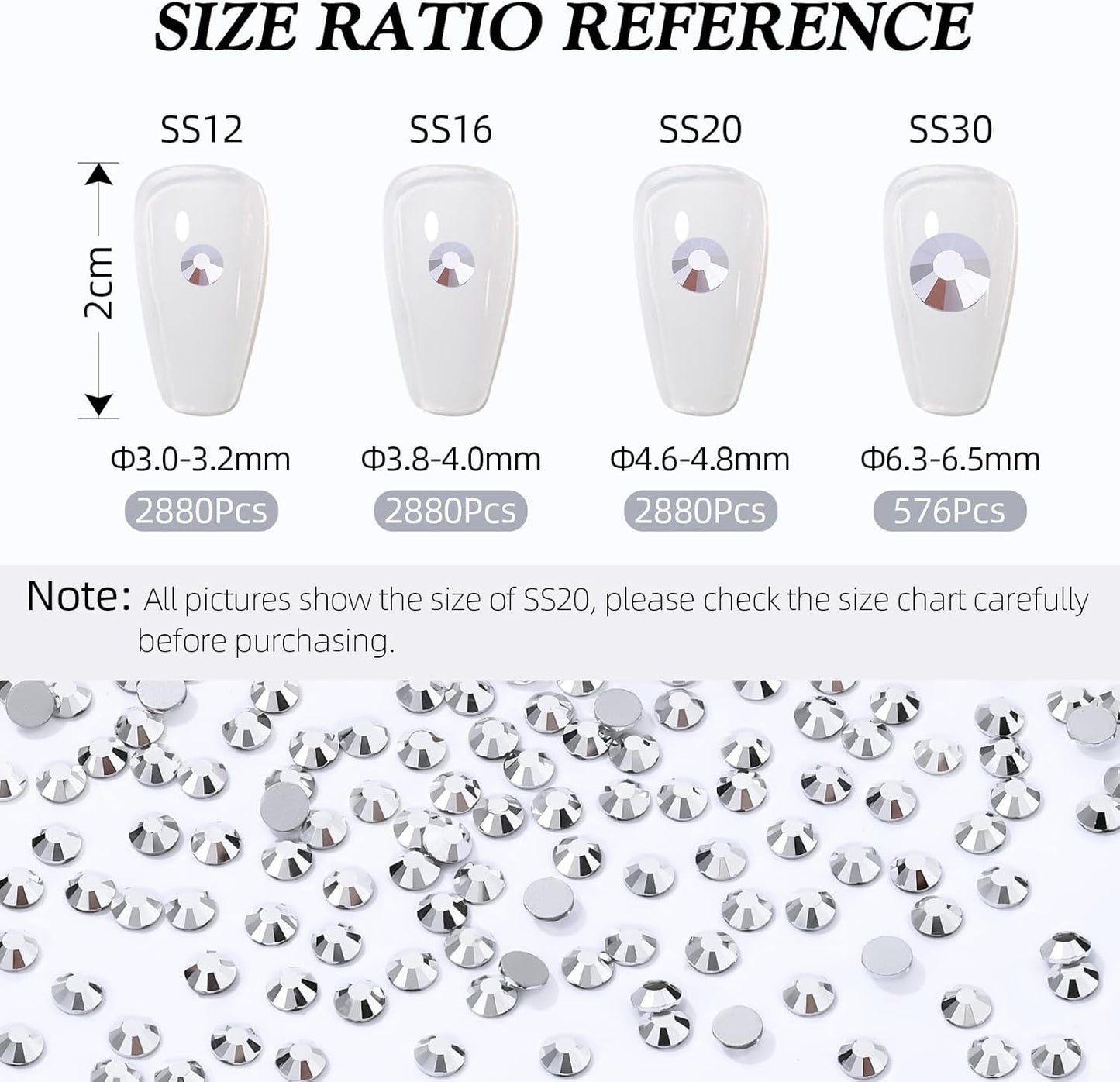 Silver Flatback Rhinestones, Glass Rhinestones for Nail Art and Craft, Glue Fix, Loose Crystal Gemstones(Silver, SS12, 2880pcs, 2.9-3.0mm)