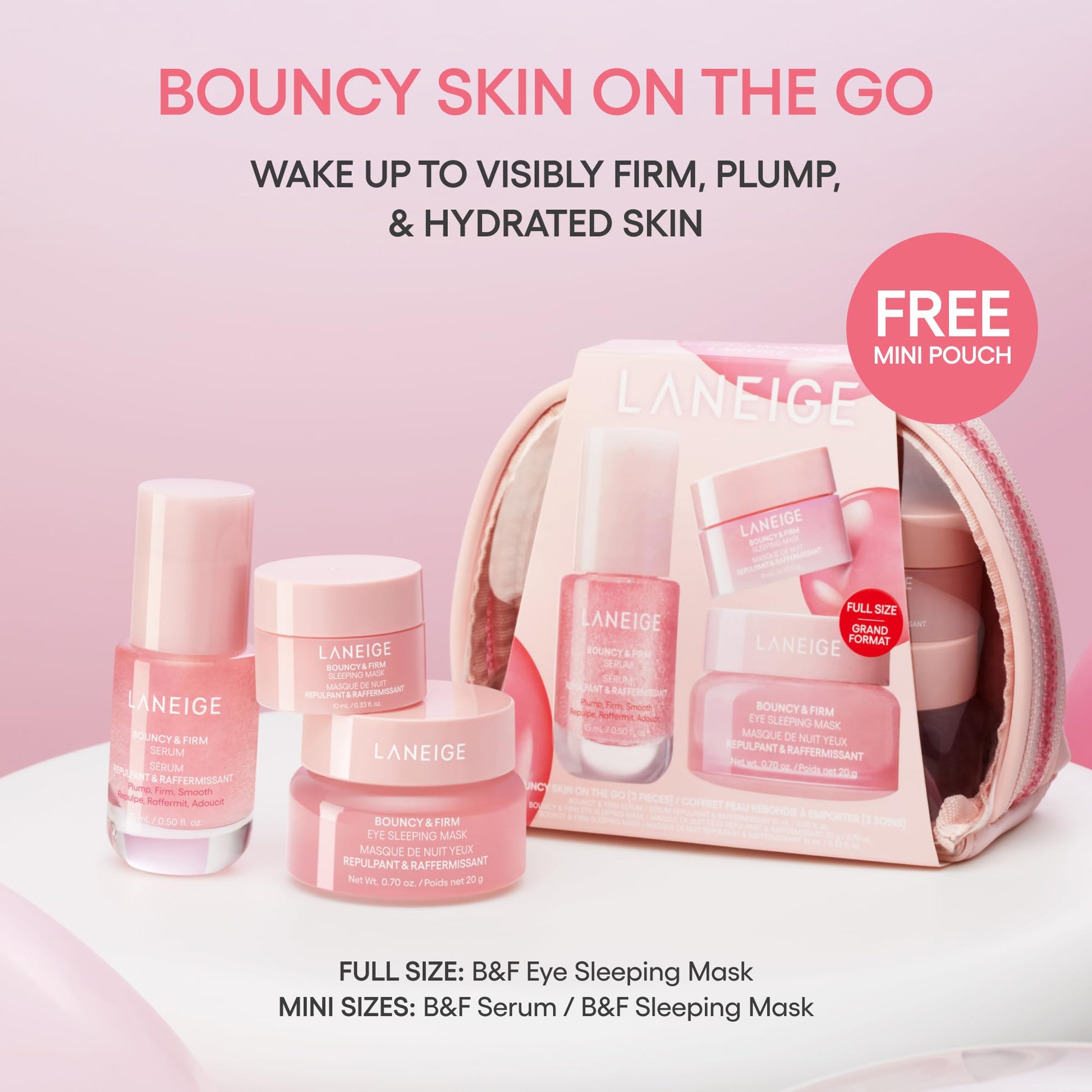 LANEIGE Bouncy Skin On The Go Set | Bouncy & Firm Serum, Sleeping Mask & Eye Sleeping Mask + Pouch