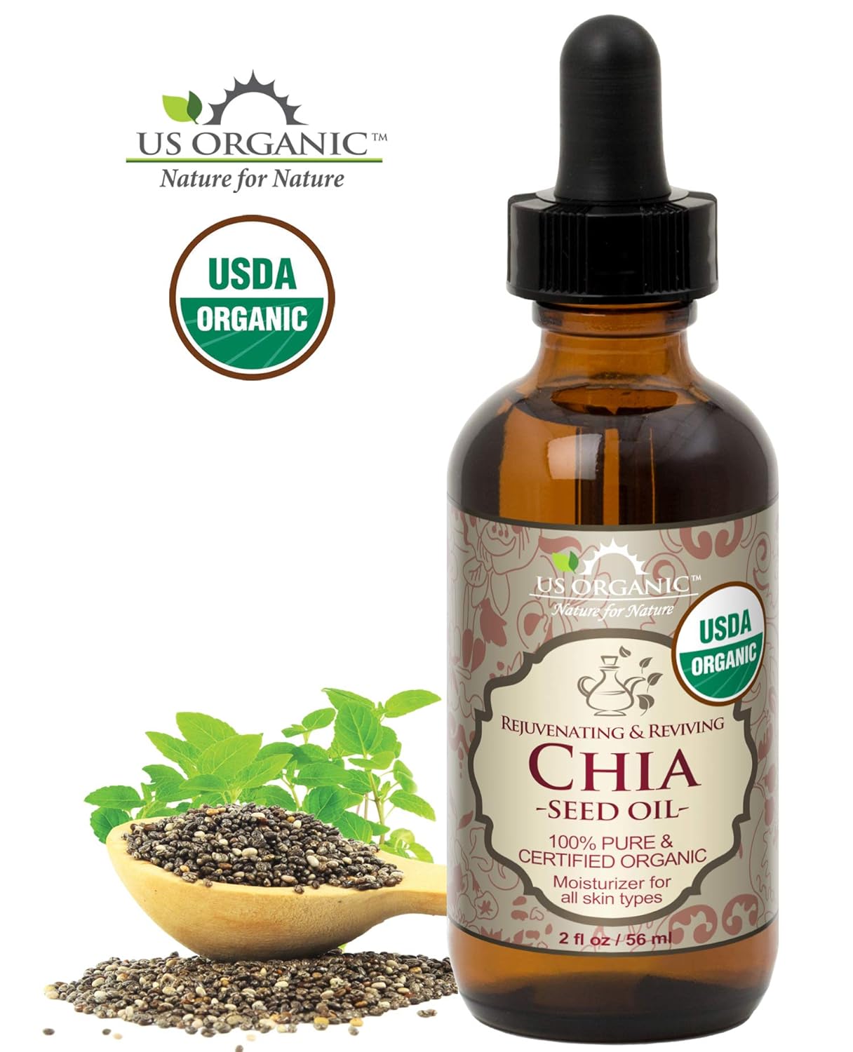 US Organic Chia Seed Oil, Certified Organic, Pure & Natural, Cold Pressed Virgin, Unrefined, Sourced from Paraguay, in Amber Glass Bottle w/Glass Eyedropper for Easy Application (2 oz (56 ml))