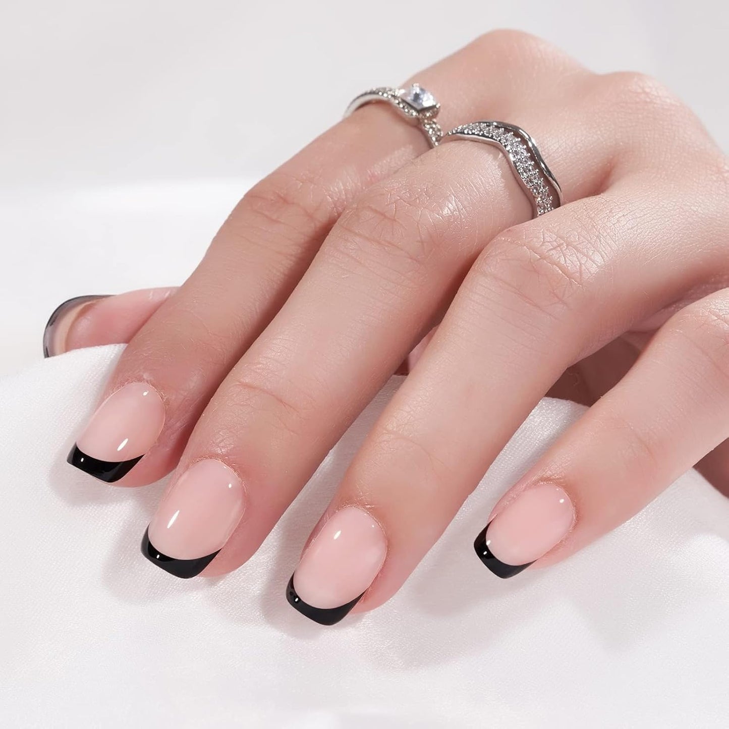 French Tip Press On Nails - BTArtbox Jelly Square Fake Nails with Nail Glue, Reusable Semi-Transparent Stick On Nails in 15 Sizes - 30PCS Soft Gel Glue On Nails Kit, Classic Black