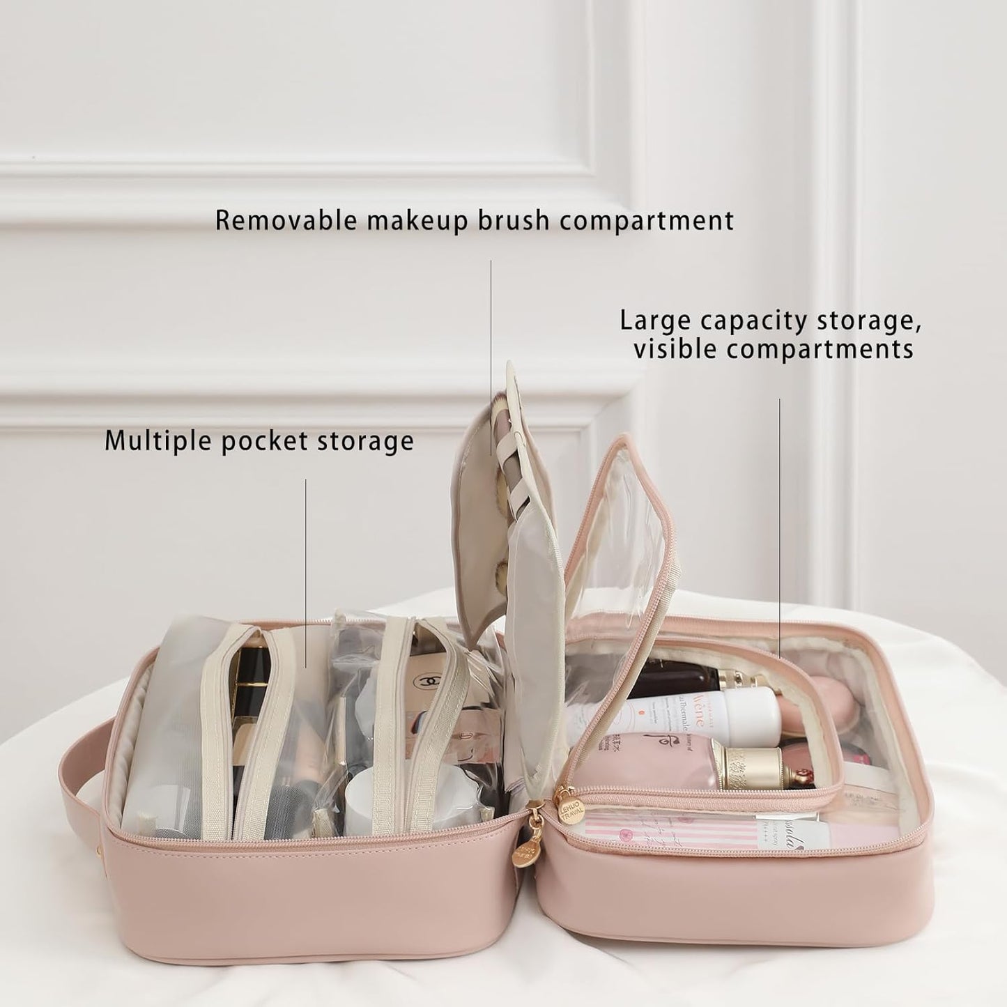 RIGHT AWAY Travel Toiletry Bag for Women,Large Makeup Bag& Cases,Waterproof Cosmetic Organizer Bag with Compartments,Portable Make Up Bag for Travel Size Toiletries,Skincare,Brushes Set,Pink