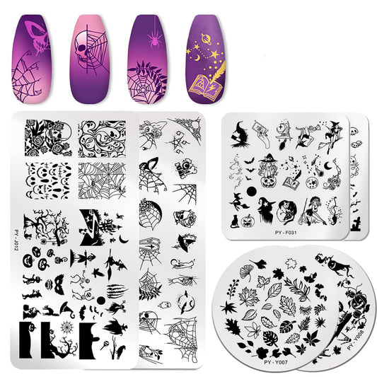 6Pcs Halloween Nail Stamping Plates Fall Maple Leaf Nail Stamper Template Kit Ghost Bat Skull