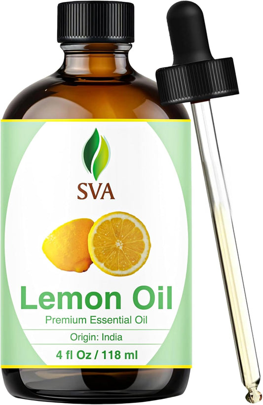 SVA Lemon Essential Oil – 4 Fl Oz – 100% Natural Lemon Oil - for Diffuser, Hair Care, Face, Skin Care, Aromatherapy, Scalp and Body Massage, Soap and Candle Making – with Dropper