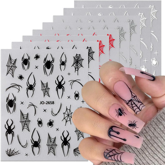 Spider Web Nail Stickers 3D Self Adhesive Nail Decals Halloween Nail Art Stickers Black Red Spider