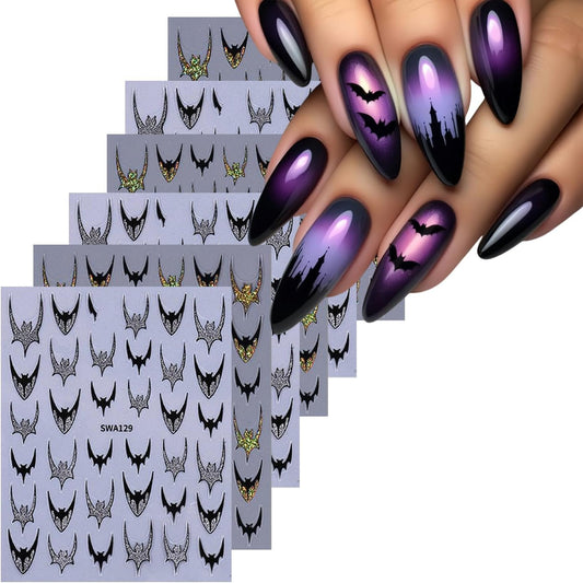 6 Sheets Halloween Nail Art Stickers 3D Self -Adhesive Bat Nail Decals Holographic Hot Stamping