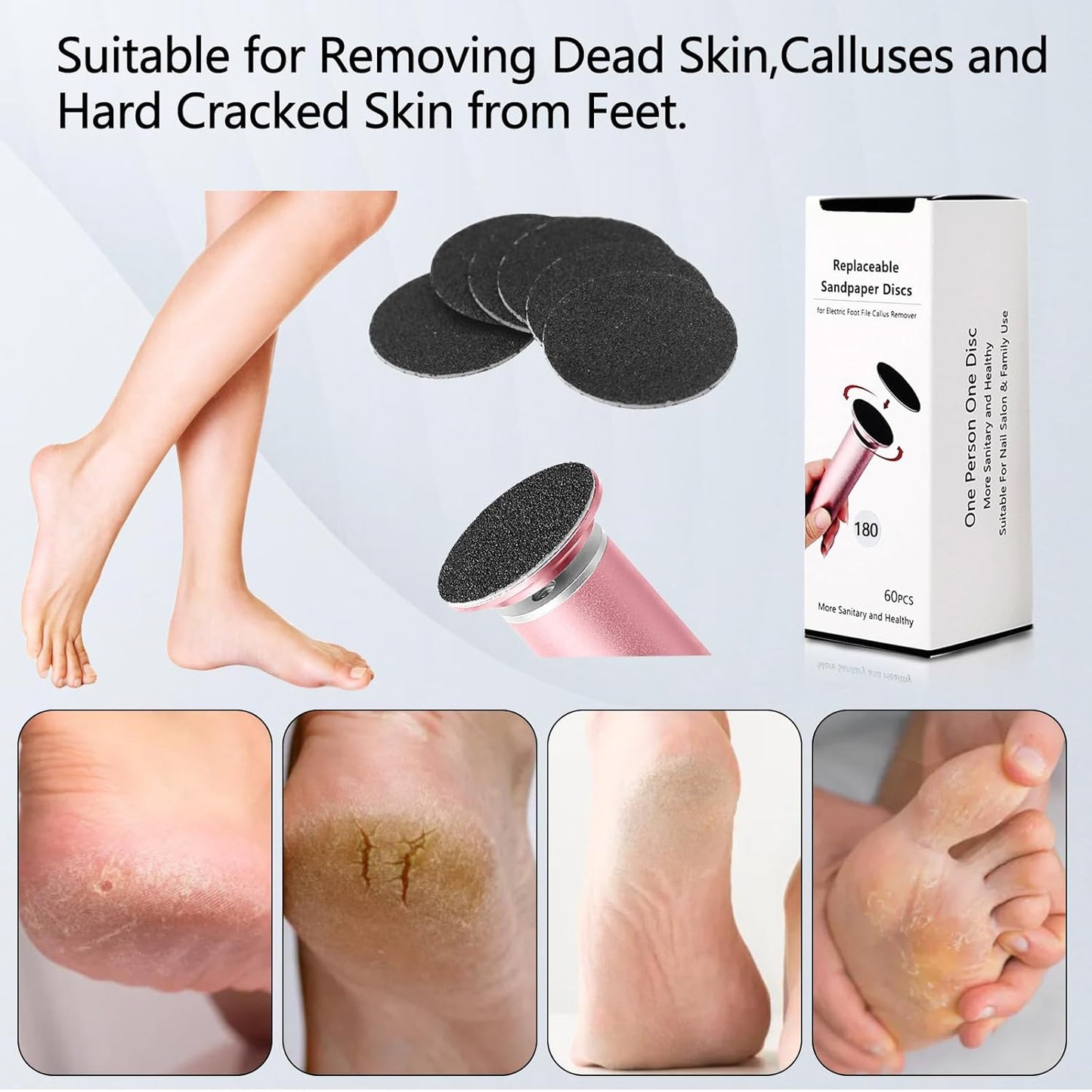 60 Pcs Replaceable Sandpaper Refill Discs for Electric Foot File Callus Remover Foot Care Dead Skin Cracked Hard Skin Removal (Fine 180 Grit)
