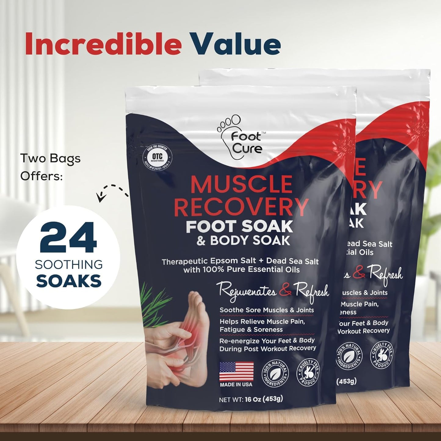 Muscle Care Foot Soak with Epsom Salts – Refreshing Blend for Relaxation & Foot Care – Helps Soften Skin – Soothes Tired Feet, Invigorating Scent, Spa Pedicure – Made in USA – 16oz (Pack of 2)