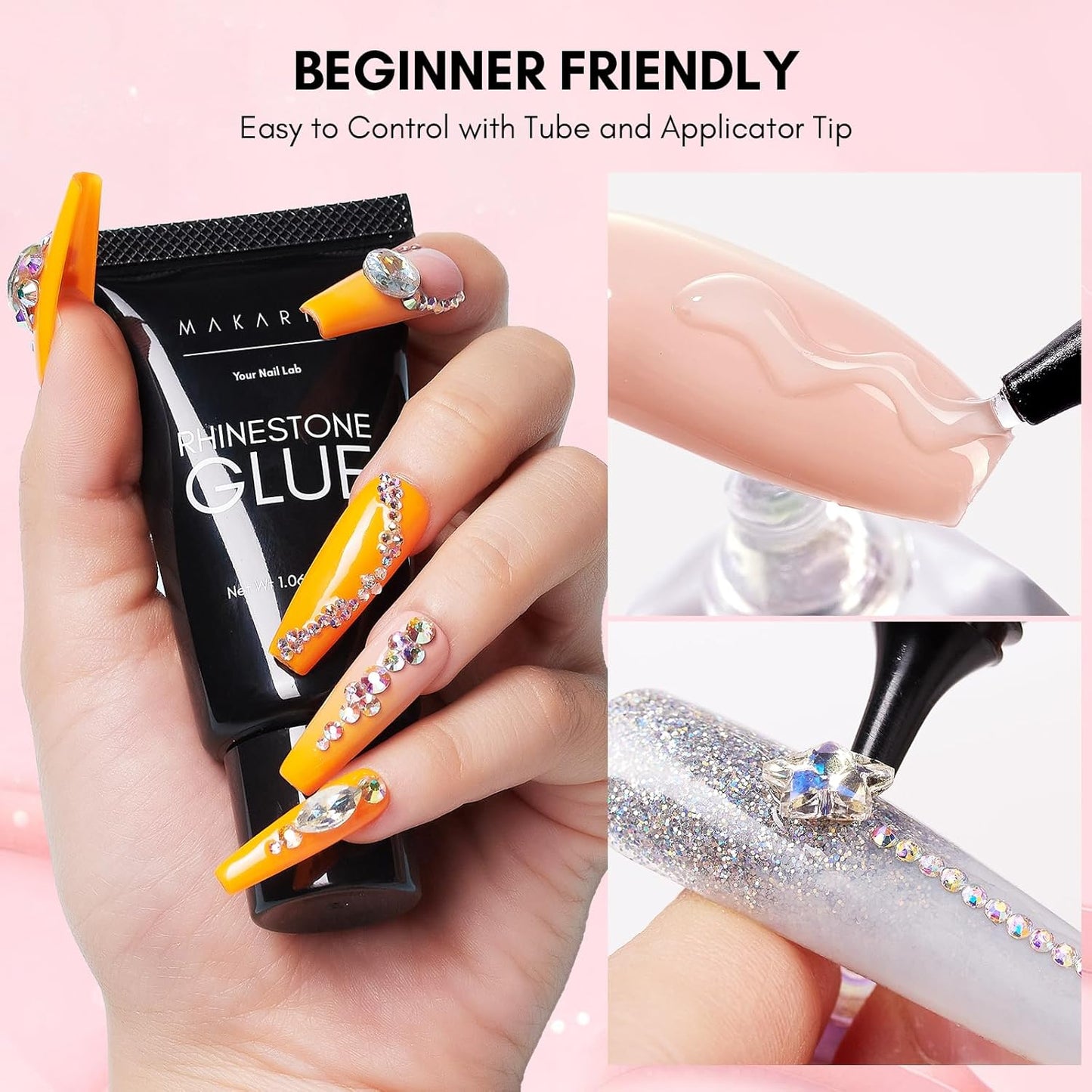 Makartt Nail Rhinestone Glue for Nails- 60ML Super Strong Gel Glue for Rhinestones, 3D Art Charm Decorations Bling Gem Bow Jewels Crystals Beads Diamonds Pearls, Beauty Gift, UV Lamp Need