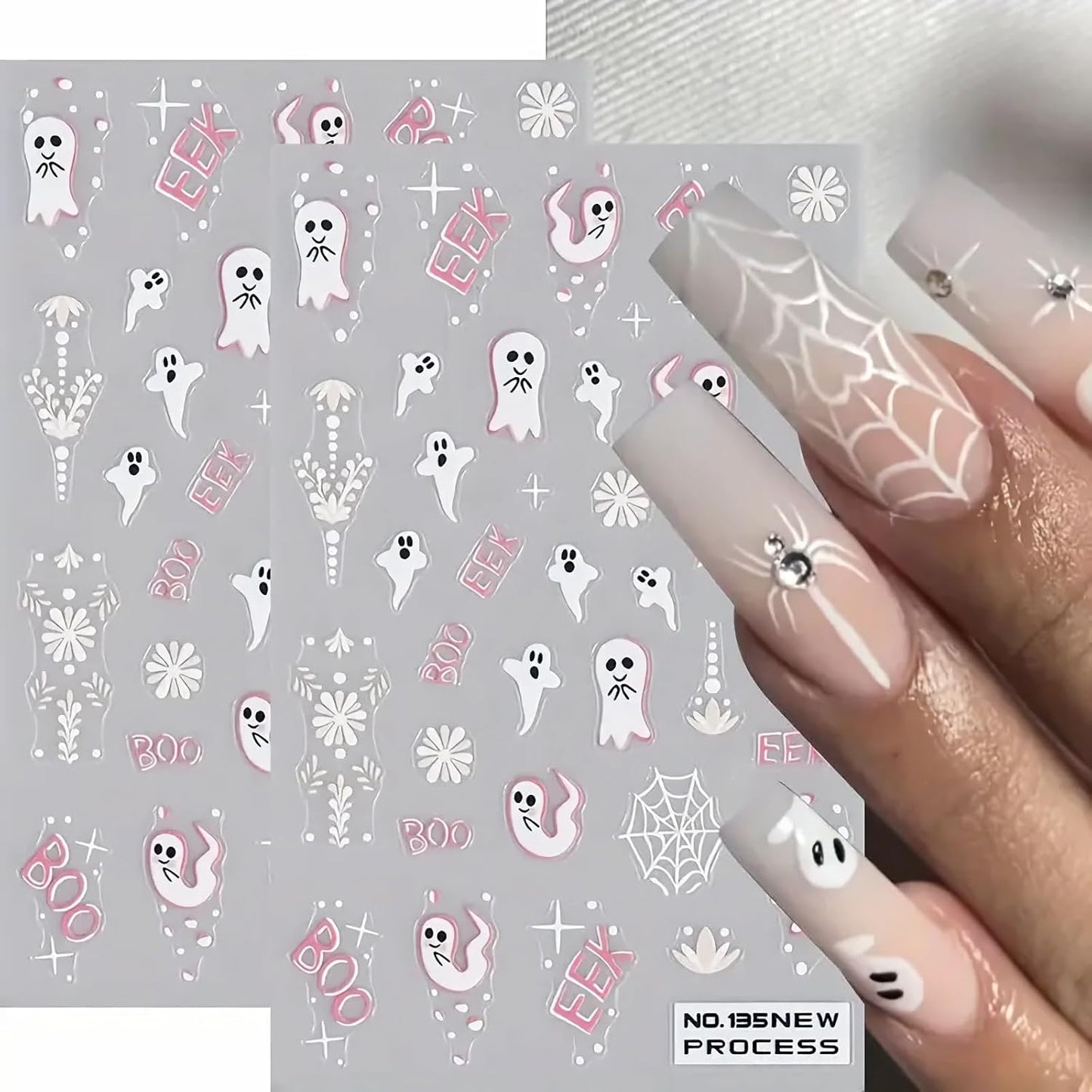 2Pcs Halloween Nail Art Stickers 5D Embossed Halloween Ghost Nail Decals Cute Ghost Spider Web Totem Pattern Designs Self Adhesive Horror Nail Supplies for Women Manicure Tip Decorations Accessories