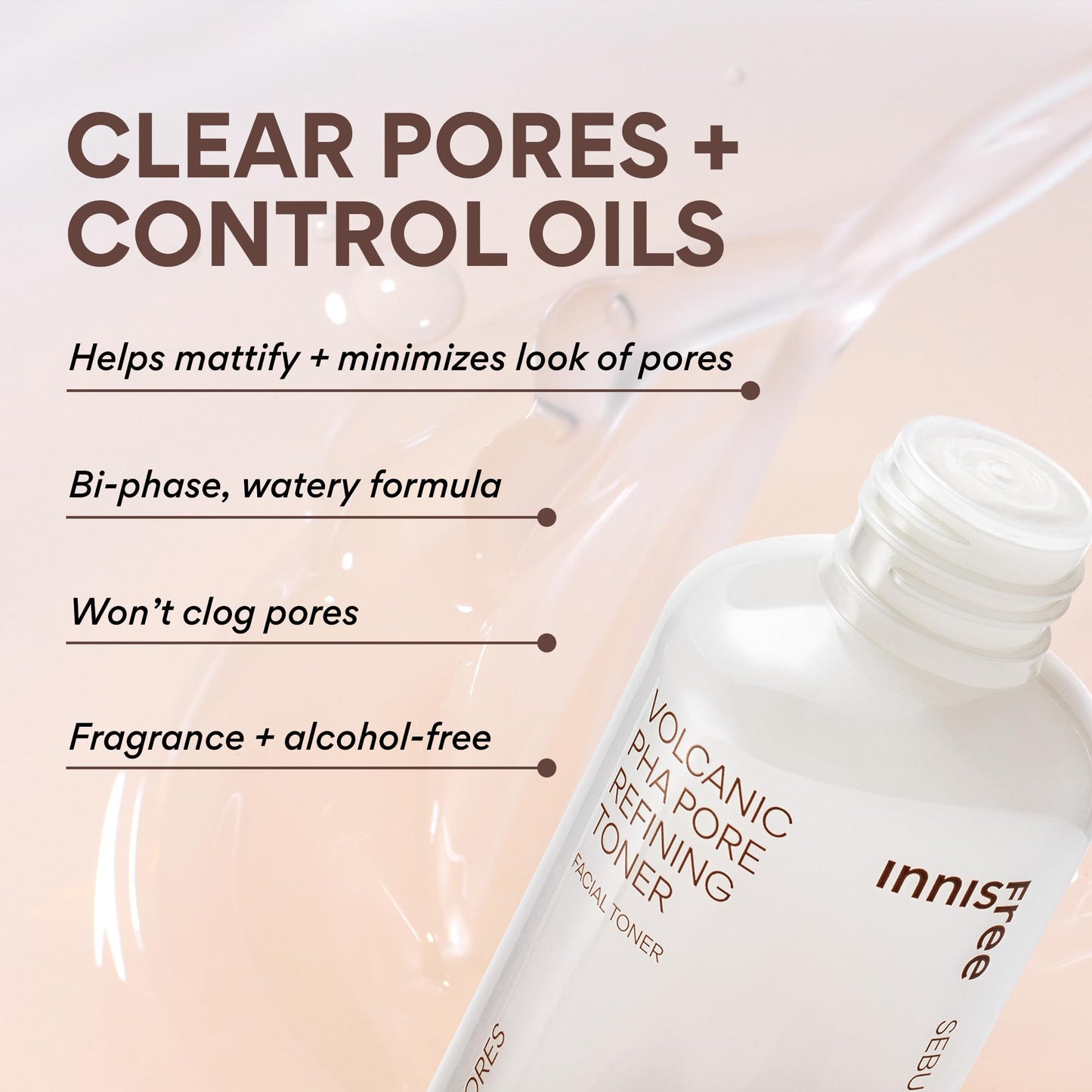 innisfree Volcanic PHA Toner | Korean Skincare with AHA and BHA | Refines Texture, Controls Oil |