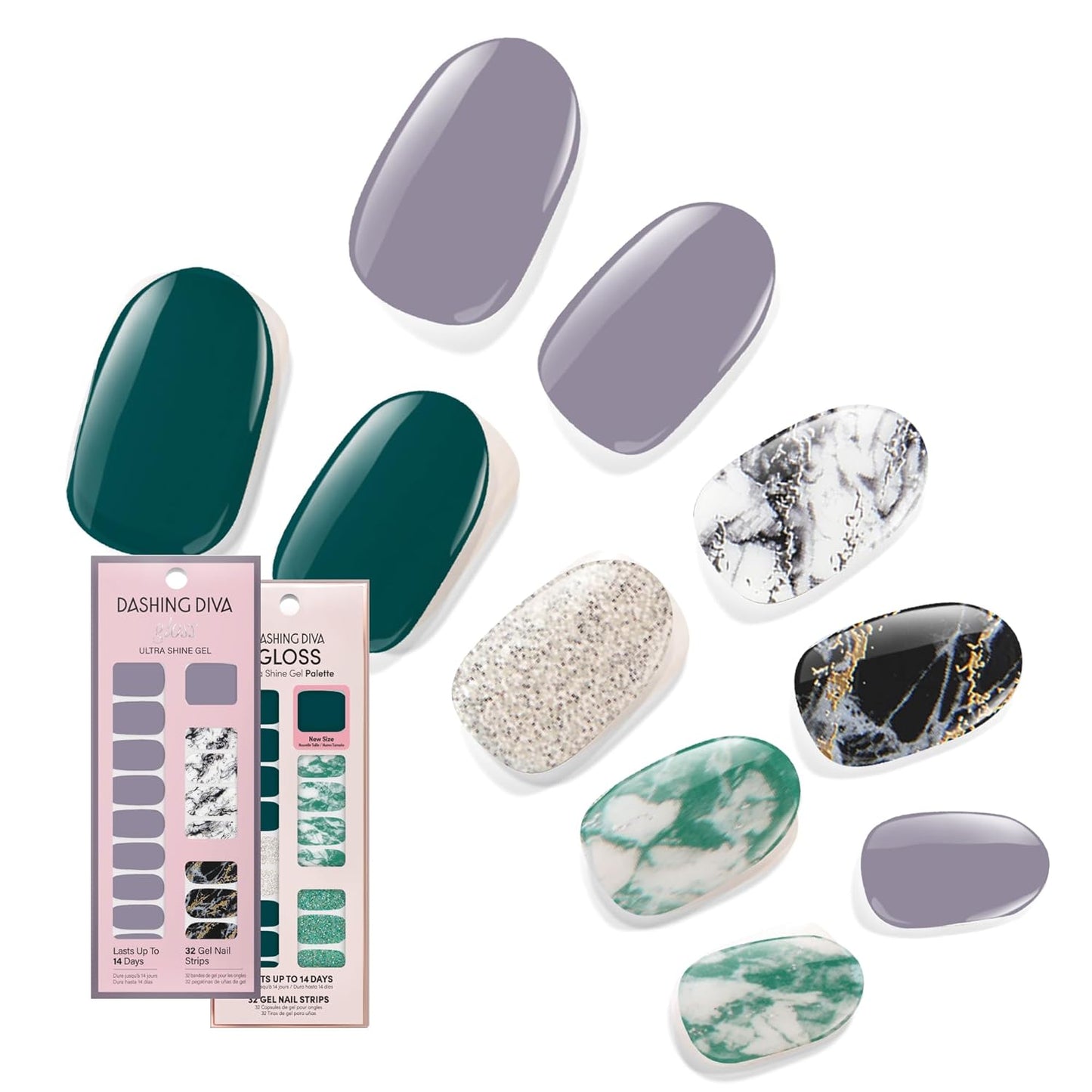 Dashing Diva Gloss Nail Strips Bundle - The Light Marble Collection - Natural Wonder & Ivy Opal - UV Free, Chip Resistant, Long Lasting Gel Stickers - Contains 2 Sets