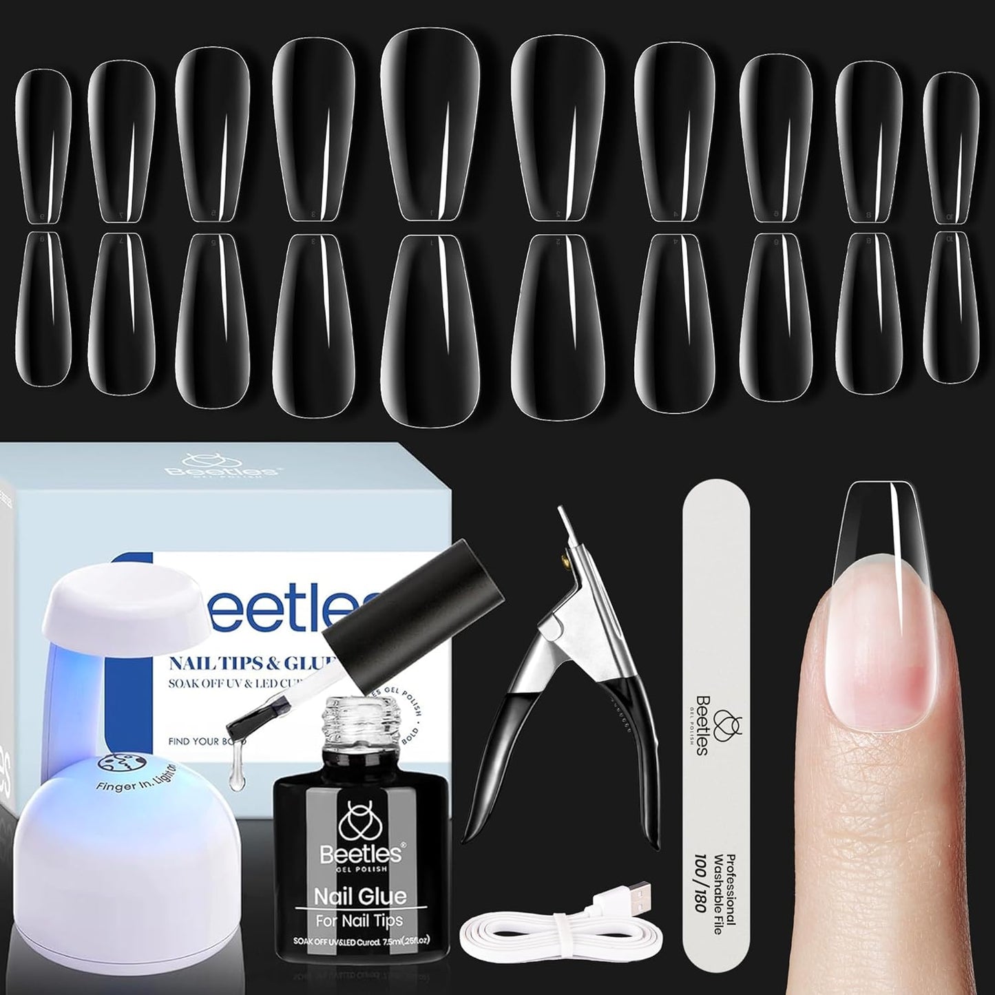 Beetles Soft Gel Nail Kit Medium Coffin Easy Nail Extension Set 5 In 1 Nail Glue Base Coat with Pre shaped Nail Tips and Led Nail Lamp Acrylic Nail Clipper Gifts for Women