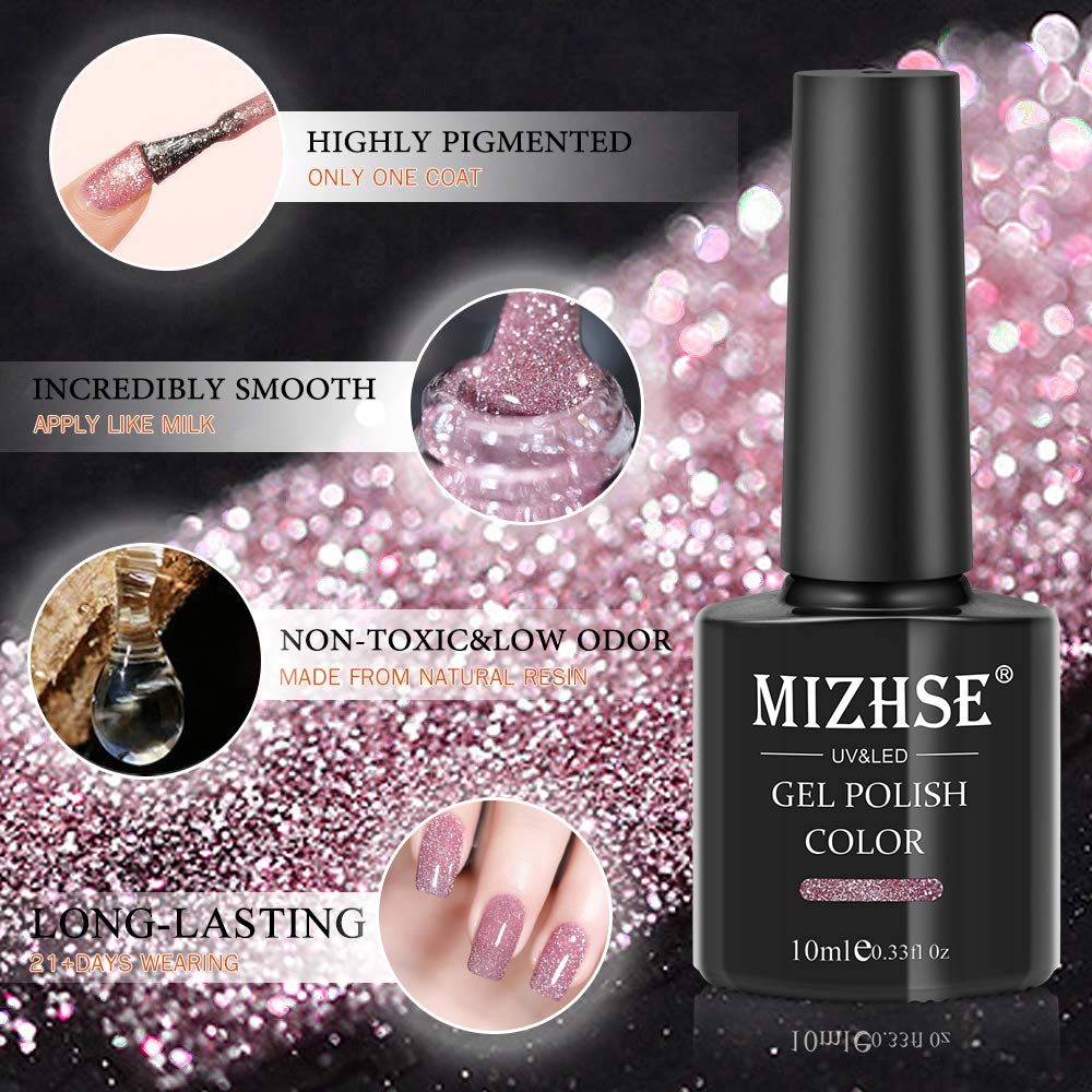 MIZHSE Diamond Gel Nail Polish, Reflective Glitter Pink Gel Polish, Sparkly Shiny Shimmer Nail Art Varnish Manicure, Soak Off LED Lamp, for Beginners DIY at Home