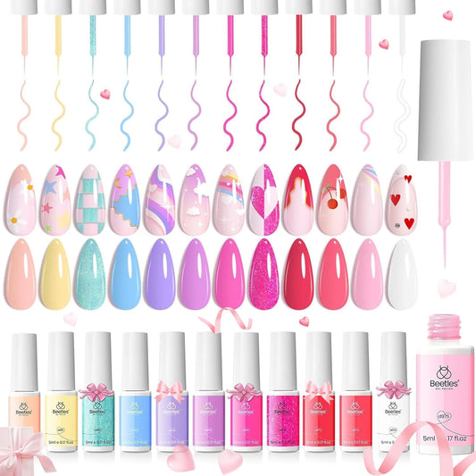 beetles Pink 12 Colors Nail Art Gel Liner, Summer Blue White Glitter Gel Nail Polish Painted Soak