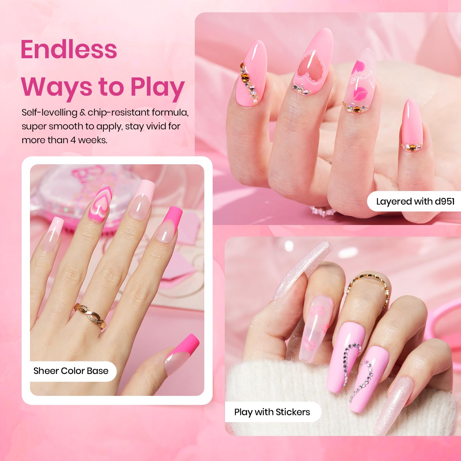Beetles Pink Gel Nail Polish Set, 6 Colors Hot Pink Glitter Bright Jelly