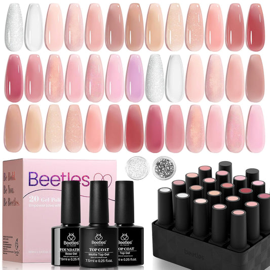 Beetles Nude Pink Gel Nail Polish Set, Nude Paradise Gel Polish Kit 25PCS 20 Colors Jelly Pink Sheer Glitter White Soak Off UV Base Glossy Matte Top Coat Pearls Rhinestones Nail Charms Gift for Women