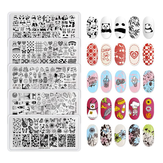 5PCS Nail Stamping Plates, Panda Teddy Bear Butterfly Coffee Pattern Stainless Steel Stencil, DIY