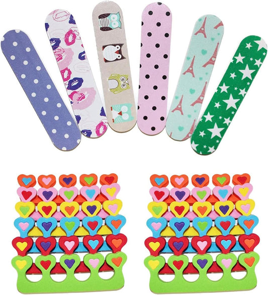 6 Pieces Colorful Girly Mini Emery Nail Files + 6 Pairs Heart Design Toe Separators