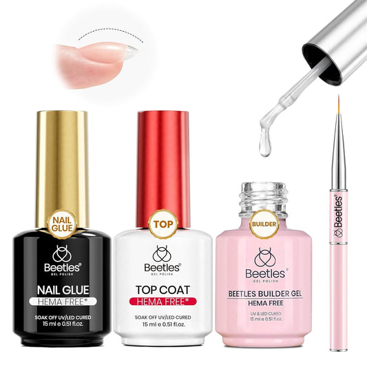 Beetles 4Pcs HEMA-Free Nail Extension Kit, 15ml Gel Nail Glue, No Wipe Top Coat, Builder Nail Gel &