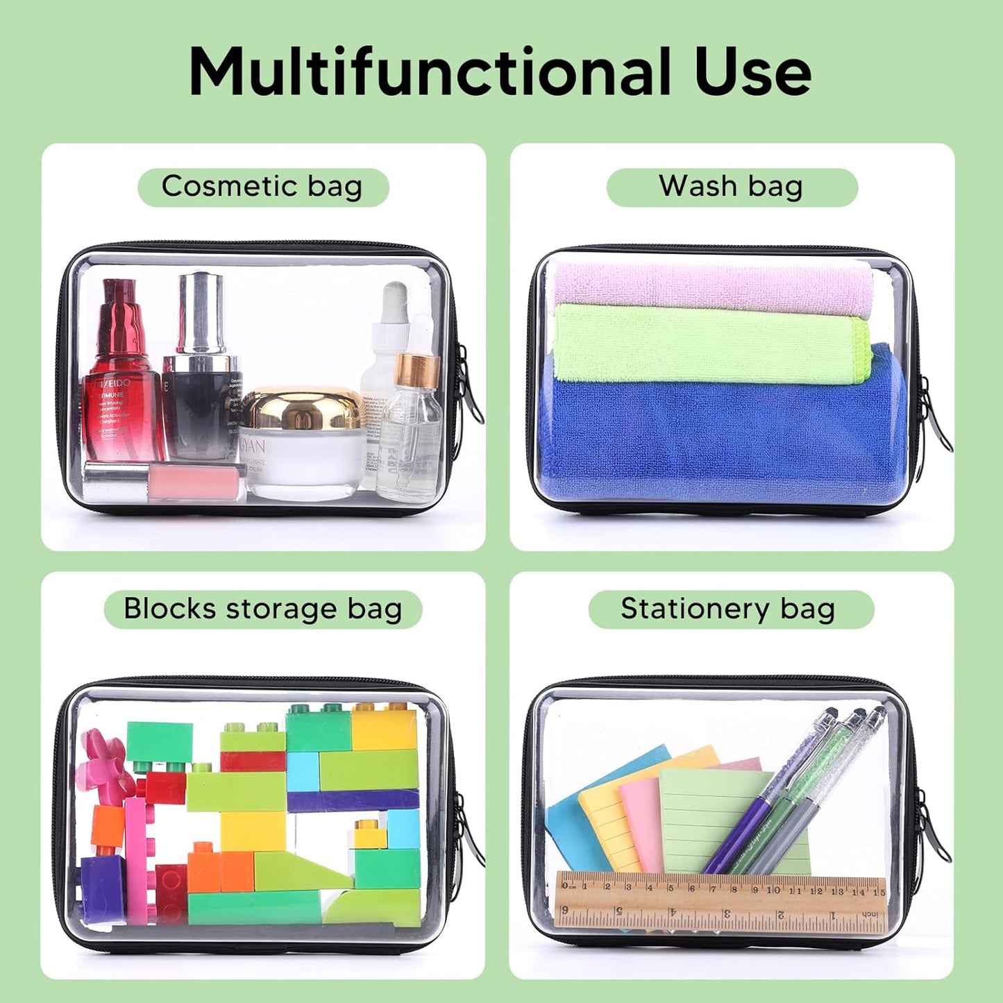 2 Pack Clear Hard Zipper Case, Hard PC Plastic Cosmetic Travel Bag with Zipper, Portable Travel Organizer Bins, Durable Makeup Bags for Toy Storage, Pencil Case