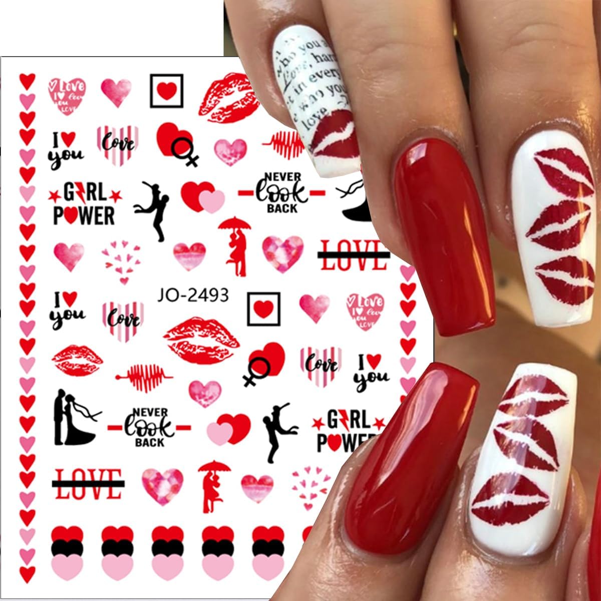 12 Sheets Valentine's Day Nail Art Stickers 3D Colorful Heart Nail Supplies Flaming Red Lips Love Angel Nail Art Design Valentines Nail Stickers Romantic Cupid Lover Nail Decals for Women Manicure