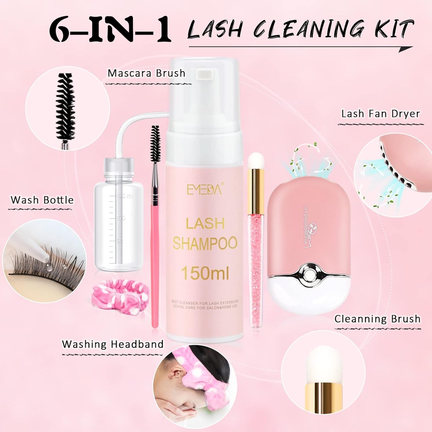 EMEDA Lash Shampoo for Lash Extensions Lash Cleaning Kit 150ml with Lash Fan Dryer Lash Extension Cleanser Oil Free Foam Soap Lash Bath with Rinse Bottle, Brush, Hair Band
