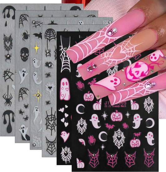 6Sheets Halloween Nail Stickers for Nail Art,3D Self-Adhesive Cute Ghost Spider Web Nail Decals