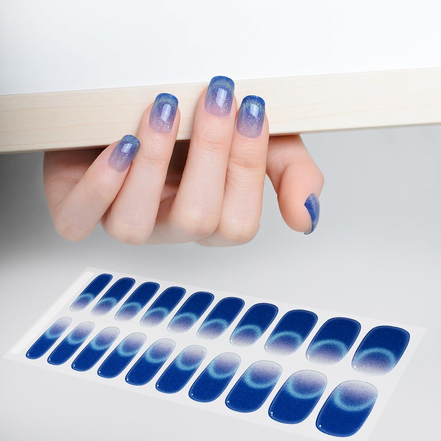 WOKOTO 1 Sheet Semi Cured Gel Nail Strips With Wood Stick, Nail File & Prepared Pads, 20 Tips Cat Eye French Semi Cured Nail Polish Strips, Harden With UV Light Gel Nail Wraps Stickers For Women