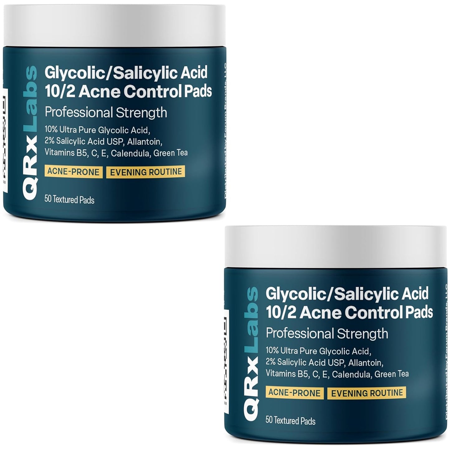 QRxLabs Glycolic/Salicylic Acid 10/2 Acne Control Pads with 10% Ultra Pure Glycolic + 2% Salicylic Acid, Allantoin, Vitamins B5, C & E, Calendula Green Tea - Most Effective Treatment Clear Skin - 2PK