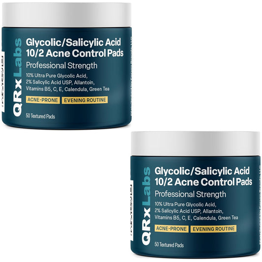 QRxLabs Glycolic/Salicylic Acid 10/2 Acne Control Pads with 10% Ultra Pure Glycolic + 2% Salicylic Acid, Allantoin, Vitamins B5, C & E, Calendula Green Tea - Most Effective Treatment Clear Skin - 2PK