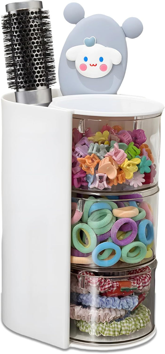 Hair Accessories Organizer with Hair Brush Holder, Rotatable Makeup Brush Holder for Necklaces, Earring, Bracelet, Ring, Makeup Brushes, Hair Clip and Hair Accessories (White, 3-Layer)