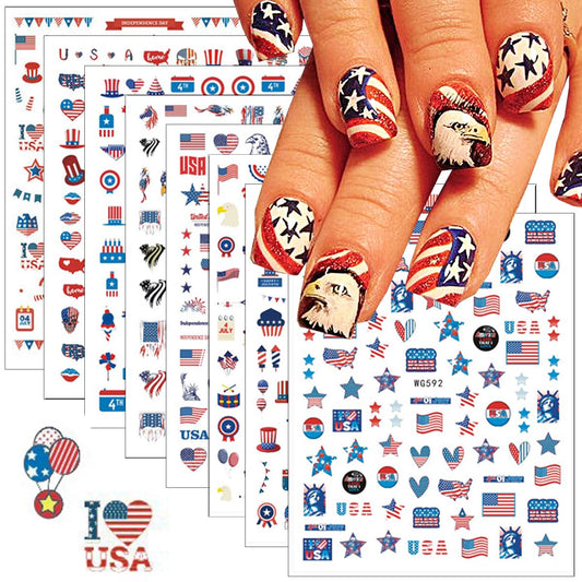4th of July Nail Stickers, 8 Sheets American Flag Independence Day Nail Art Stickers 3D