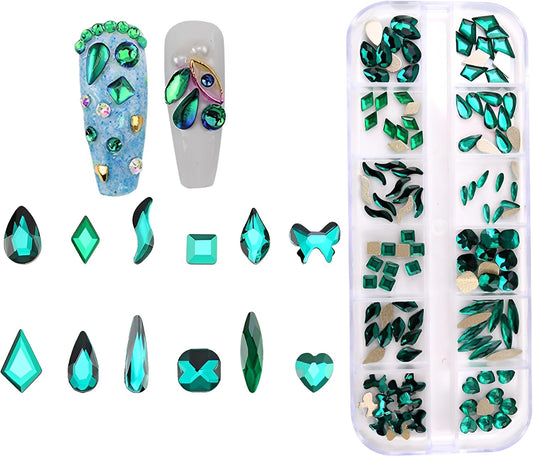 120pcs Flatback Rhinestones Glass Charms Diamantes Gems Stones for Nail Art Box Multi Shapes Dark Green