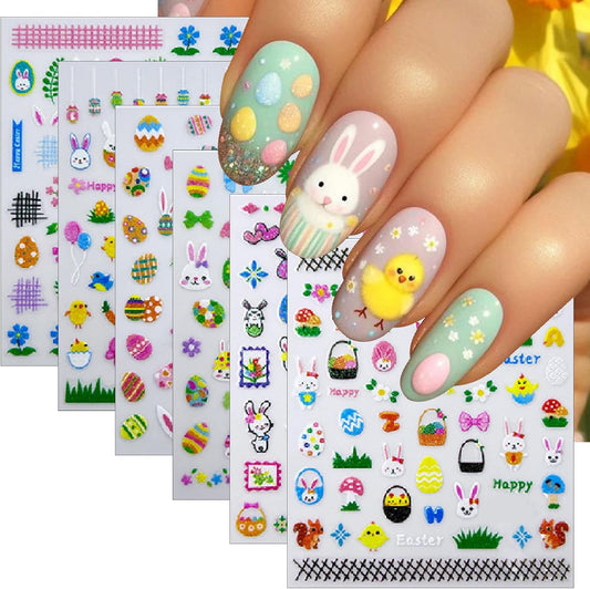 6 Sheets Glitter Easter Nail Art Stickers Easter Egg Rabbit Nail Decals 3D Self Adhesive Cute
