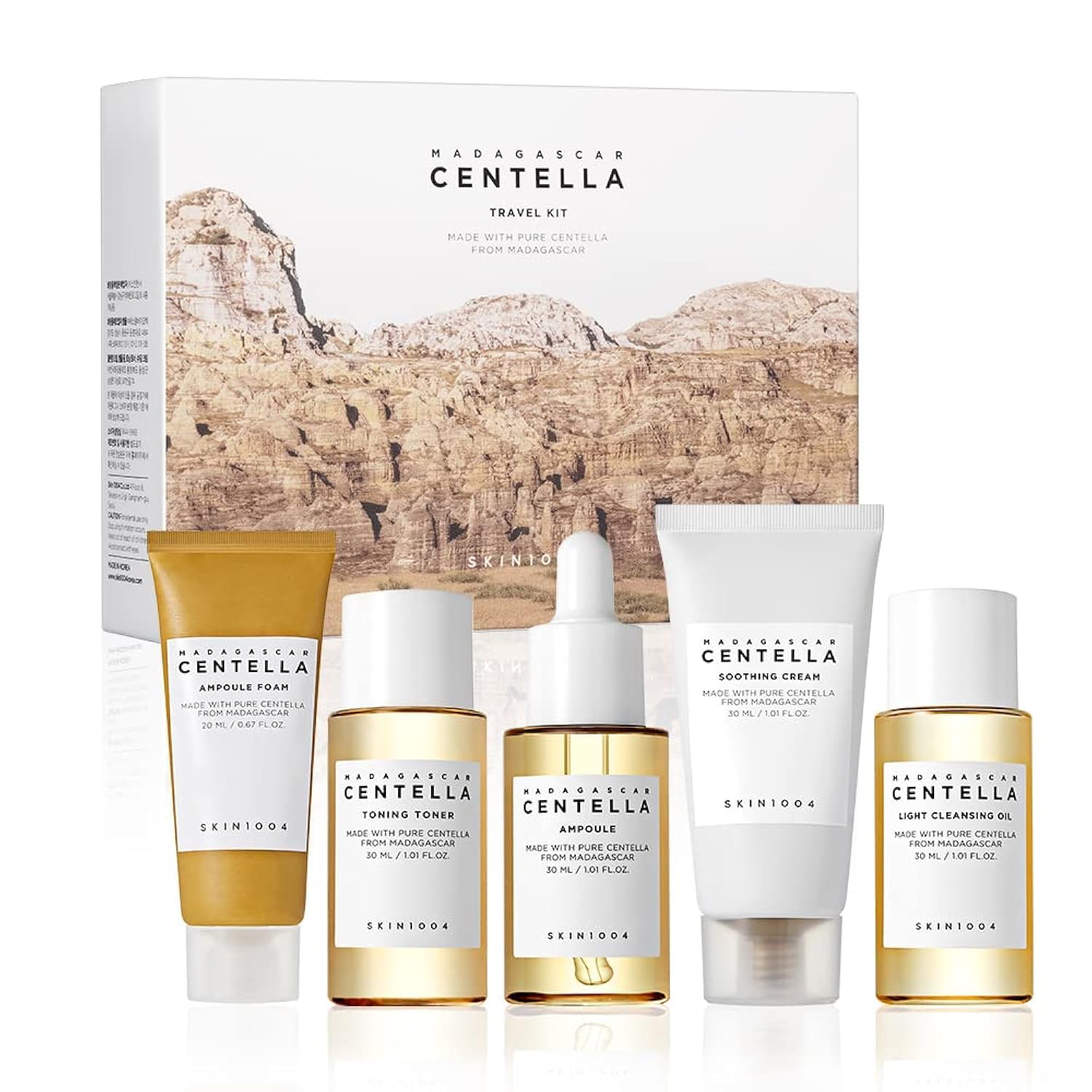 SKIN1004 Madagascar Centella Travel Kit, Toner, Ampoule, Soothing Cream, Cleansing Oil, Ampoule