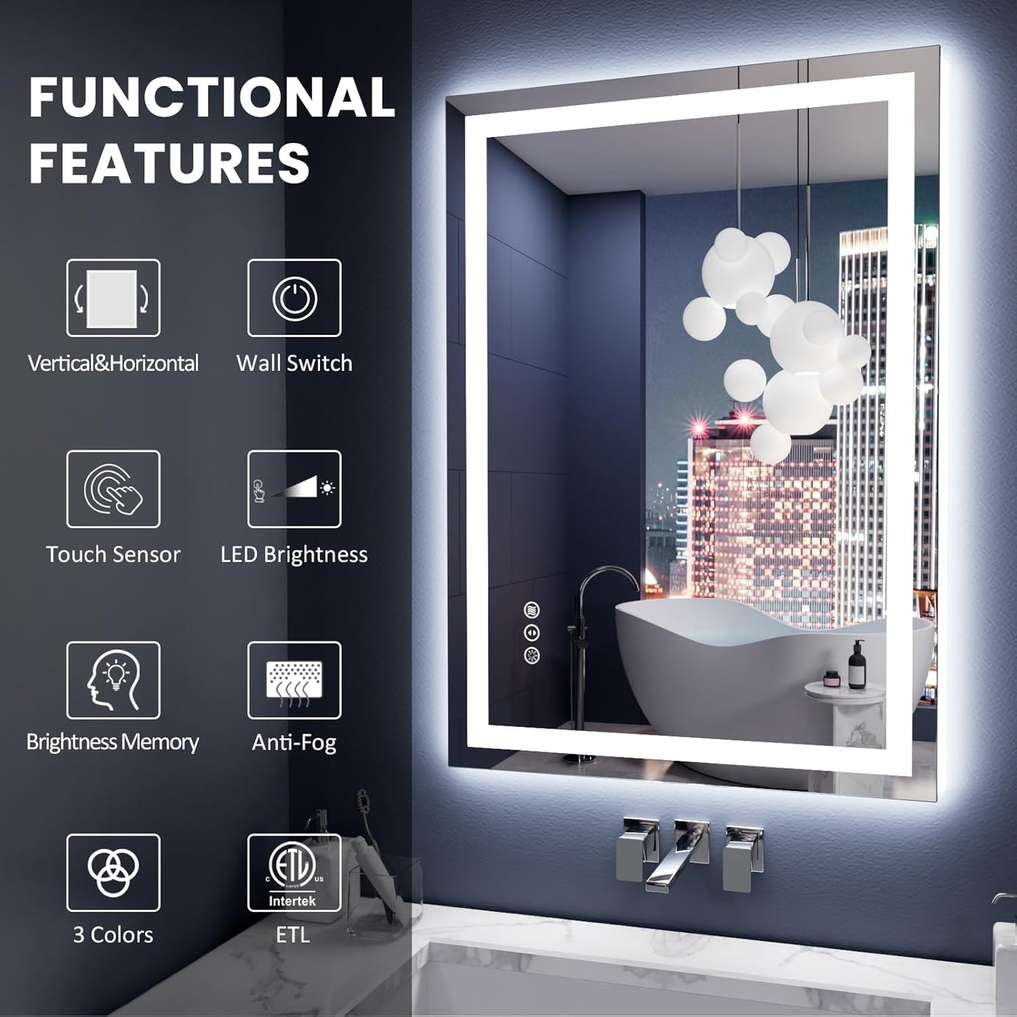 Amorho LED Mirror for Bathroom 24X36 Inch with Backlight and Front Lit, Fogless Mirror for Wall Mounted, Dimmable, 3 Colors, Memory