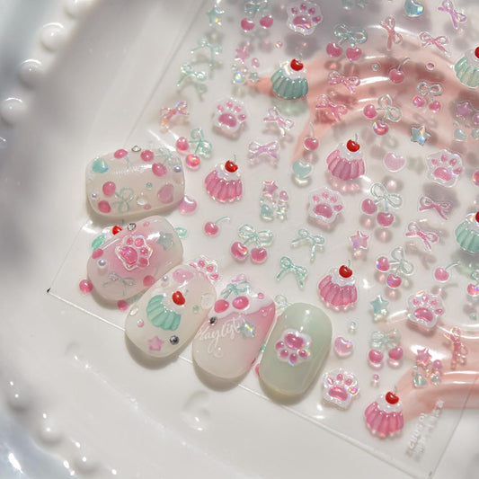 5D Embossed Cake Nail Sticker for Nails Art Pink Nail Decals Cherry Bow Nail Art Stickers Cute