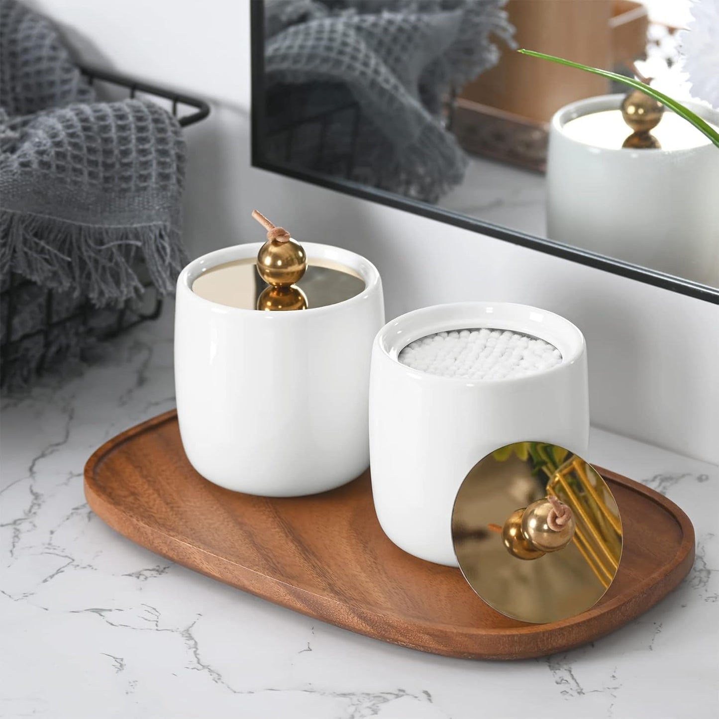 2 Pack Ceramic Qtip Holder Dispenser with Gold Lids, White Apothecary Jars Bathroom Vanity Organizer for Home Decor - Bathroom Canister for Cotton Swabs, Rounds, Balls, Makeup Sponges, Bath Salts