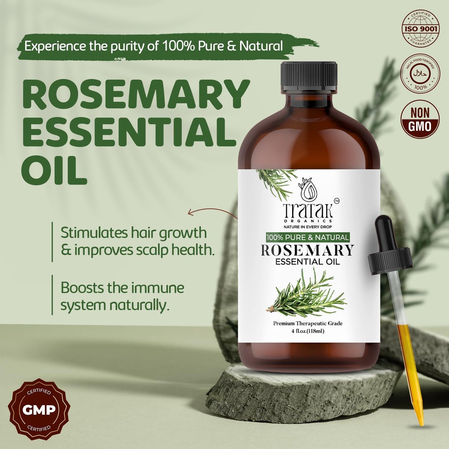 Rosemary Essential Oil 4 Fl Oz - 100% Pure and Natural Oil with Premium Dropper - Premium Therapeutic Grade Essential Oil for Hair Care, Hair Oiling, Scalp Massage and Aromatherapy