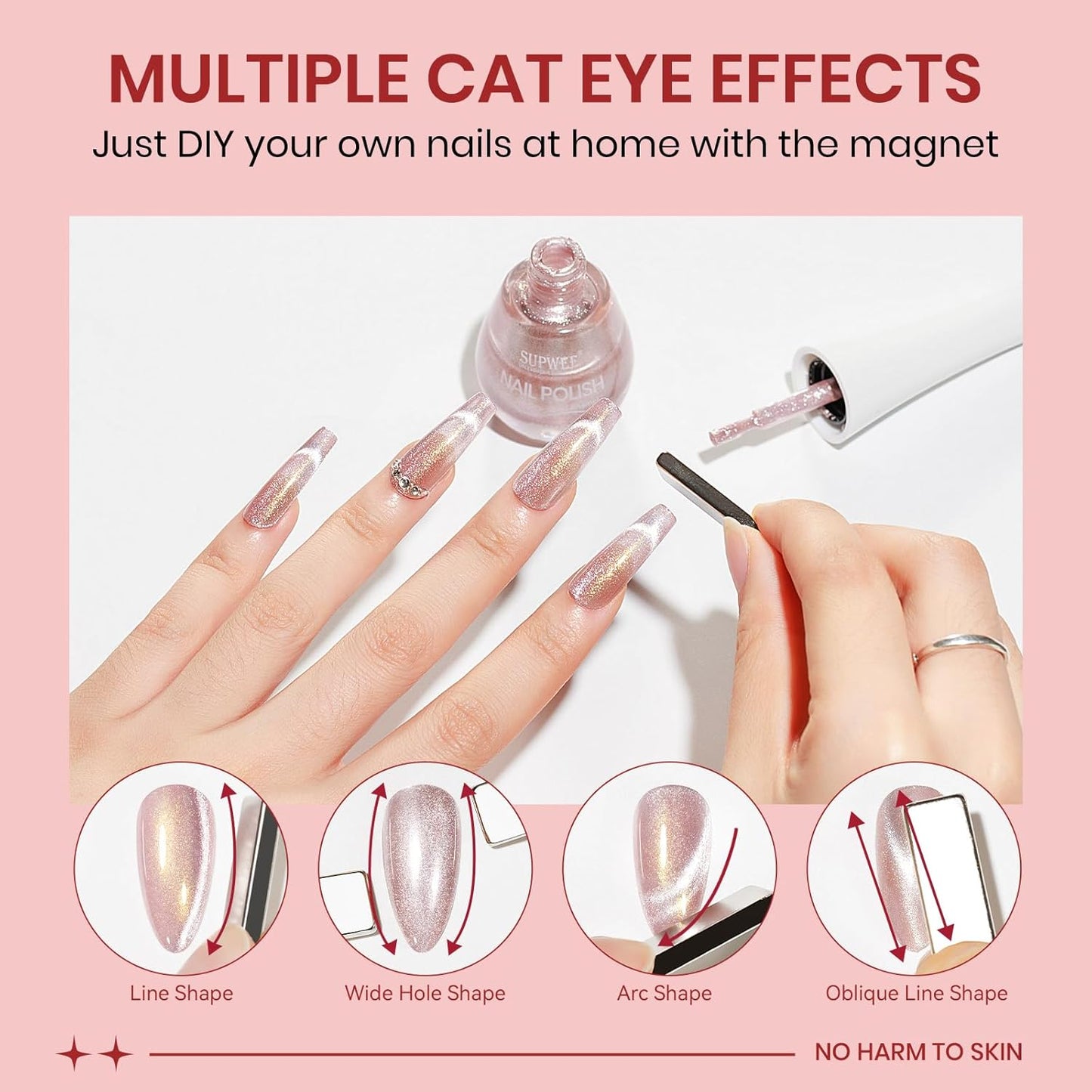 Coupled Pink Cat Eye Nail Polish Non Gel with Magnet Quick Dry Magnetic Nail Polish for Fingernail Air Drying Fast Lacquer Manicure Gift For Women Girls 16ml, 0.54fl oz