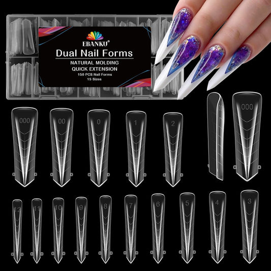 EBANKU Dual Nail Forms for Poly Extension Gel, 150 PCS Clear Claw Nail Molds Reusable 15 Sizes Nail Extension Forms for Builder Gel Manicure Design Salon DIY